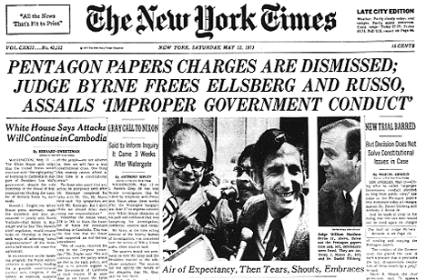 Front page of The New York Times on May 12, 1973, after charges against Ellsberg and Russo were dismissed due to gross governmental misconduct and offenses which 